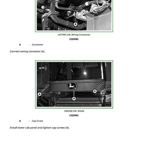 May include: Diagram of tractor components, including a wiring connector and shield. The image includes text labels and instructions for connecting the wiring connector and installing the lower cab panel with cap screws.