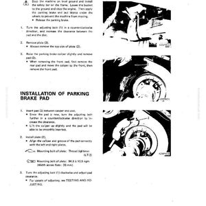 May include: A page from a manual detailing the removal and installation of a parking brake pad. The text includes instructions and diagrams for the process, with measurements in kgm and mm.
