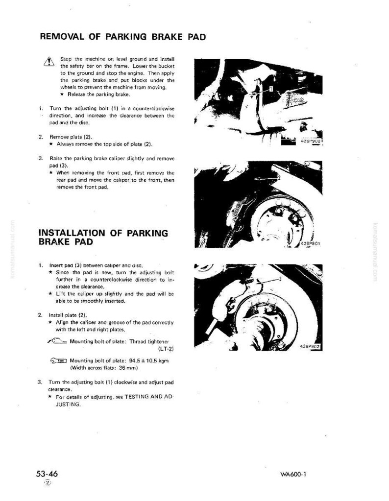 May include: A page from a manual detailing the removal and installation of a parking brake pad. The text includes instructions and diagrams for the process, with measurements in kgm and mm.