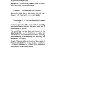 May include: A page from a manual titled "Structure of the manual." The text explains the manual's organization, including chapters, sections, and figure numbering. Examples are provided. The page also discusses tools and drawings.