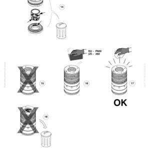 May include: Technical diagram showing the assembly of cylindrical mechanical components. The image includes exploded views, assembly steps, and a trash can symbol. The word "OK" is present, indicating a successful process.