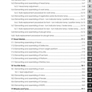 May include: A detailed table of contents from a tractor manual, listing sections on lighting equipment, sheet metals, vehicle body, and wheels. Includes page numbers for each section, with the Argo Tractors logo at the top.