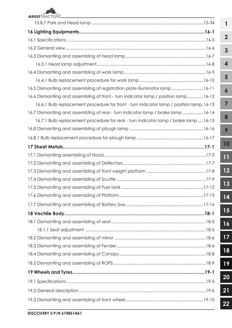 May include: A detailed table of contents from a tractor manual, listing sections on lighting equipment, sheet metals, vehicle body, and wheels. Includes page numbers for each section, with the Argo Tractors logo at the top.
