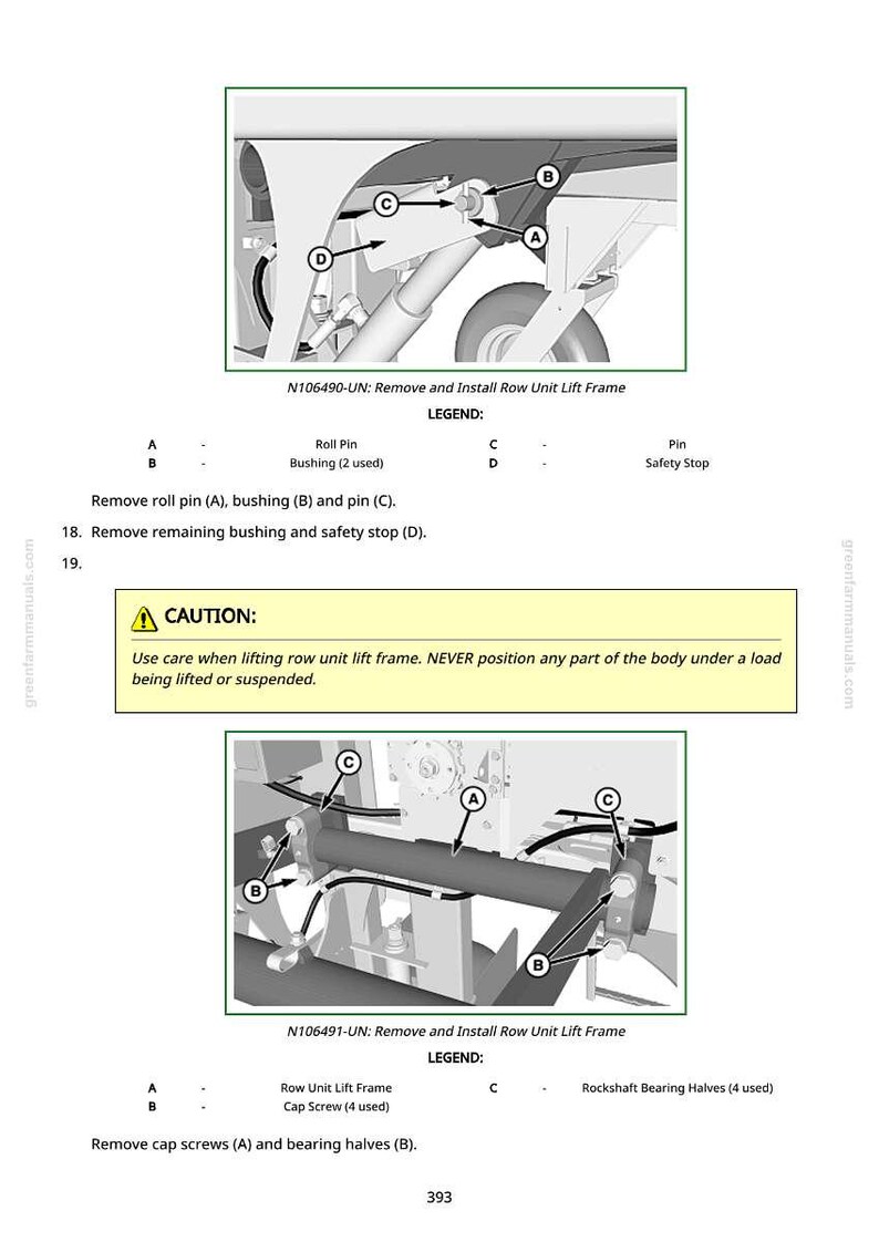 May include: Diagrams from a manual detailing the removal and installation of a row unit lift frame. The image includes close-ups of mechanical components, labeled with letters and accompanied by a warning about safety during lifting procedures.