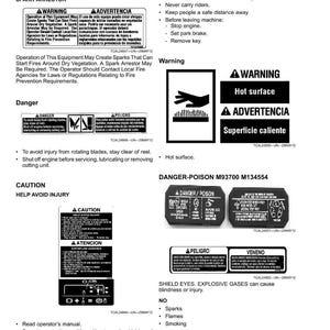 Puede incluir: Una p&aacute;gina de etiquetas de seguridad con advertencias e instrucciones. Incluye texto en ingl&eacute;s y espa&ntilde;ol, con s&iacute;mbolos que indican peligro, precauci&oacute;n y peligros potenciales como superficies calientes y veneno. Las etiquetas proporcionan pautas de seguridad para el funcionamiento del equipo.