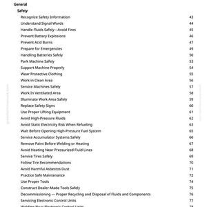 May include: A printed page titled "Table of Contents" from a manual. The table lists safety topics such as "Handle Fluids Safely" and "Prevent Battery Explosions." The page number "2" is at the bottom.