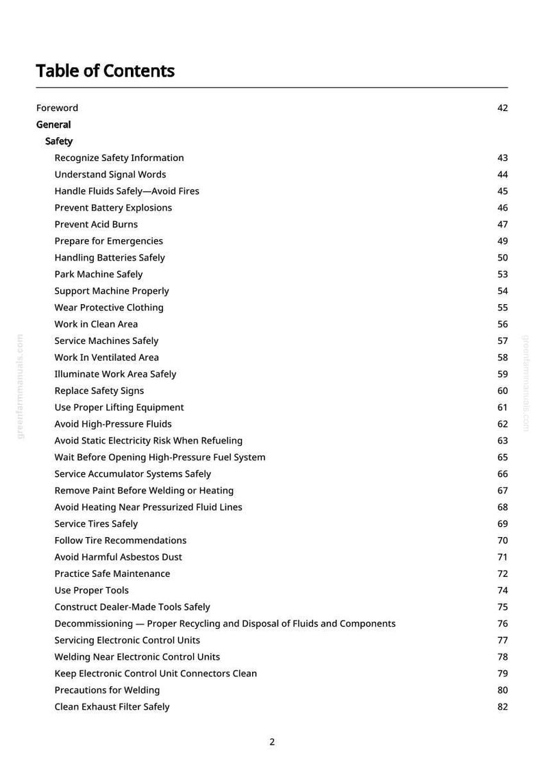 May include: A printed page titled "Table of Contents" from a manual. The table lists safety topics such as "Handle Fluids Safely" and "Prevent Battery Explosions." The page number "2" is at the bottom.