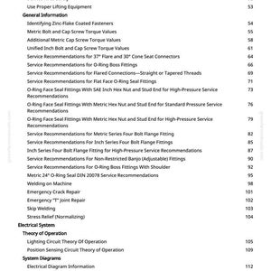 May include: A detailed table of contents from a manual, listing topics such as "Identifying Zinc-Flake Coated Fasteners" and "Electrical Diagram Information." The text is in black on a white background, with page numbers on the right.