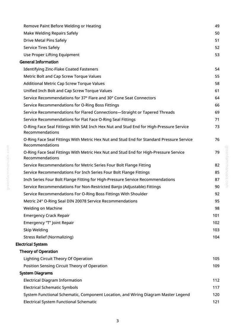 May include: A detailed table of contents from a manual, listing topics such as "Identifying Zinc-Flake Coated Fasteners" and "Electrical Diagram Information." The text is in black on a white background, with page numbers on the right.