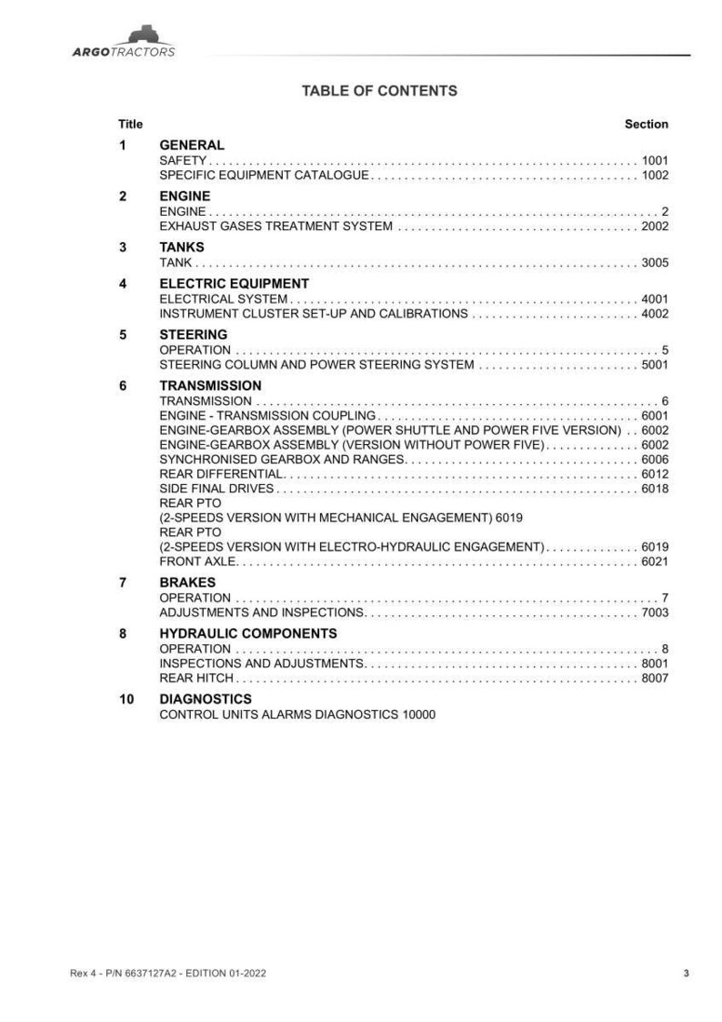 Peut inclure: Une table des mati&egrave;res d'un catalogue, avec le logo Argo Tractors en haut. Le document r&eacute;pertorie des sections telles que Moteur, Transmission, Freins et Diagnostics. Le texte est noir sur fond blanc.