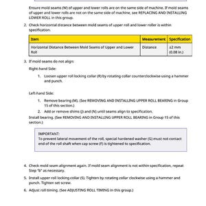 Op de afbeelding: Een technisch document met instructies voor machineonderhoud. Het bevat een tabel met de horizontale afstand tussen vormnaden als &plusmn;2 mm. Instructies voor uitlijning en afstelling.