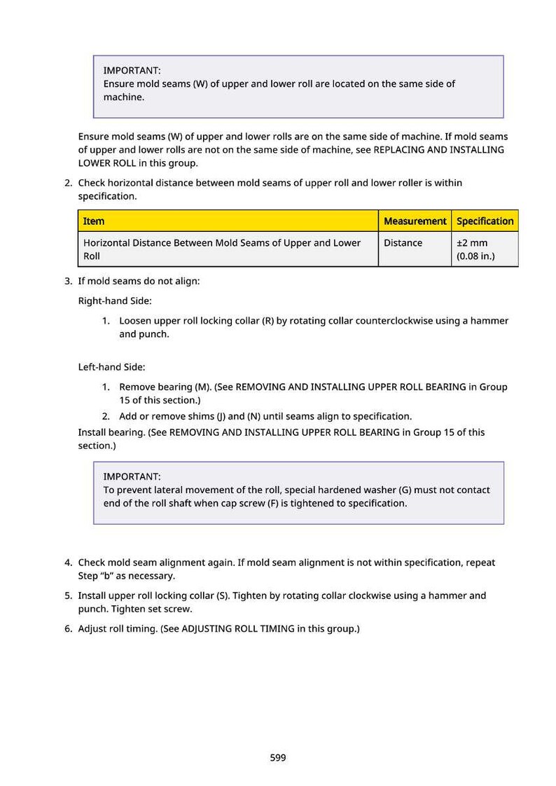 Op de afbeelding: Een technisch document met instructies voor machineonderhoud. Het bevat een tabel met de horizontale afstand tussen vormnaden als &plusmn;2 mm. Instructies voor uitlijning en afstelling.