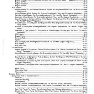 May include: A detailed table of contents from a manual, listing various engine system components. The text includes sections on fuel, cooling, and electrical systems, with page numbers. The document is titled "10 Structure and Function".