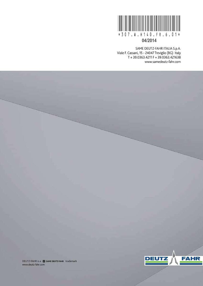 Może przedstawiać: Dokument z tekstem "*307.W.H140.FR.6.01* 04/2014" oraz informacjami o firmie SAME DEUTZ-FAHR ITALIA S.P.A. Dokument ma szare tło i logo DEUTZ FAHR.