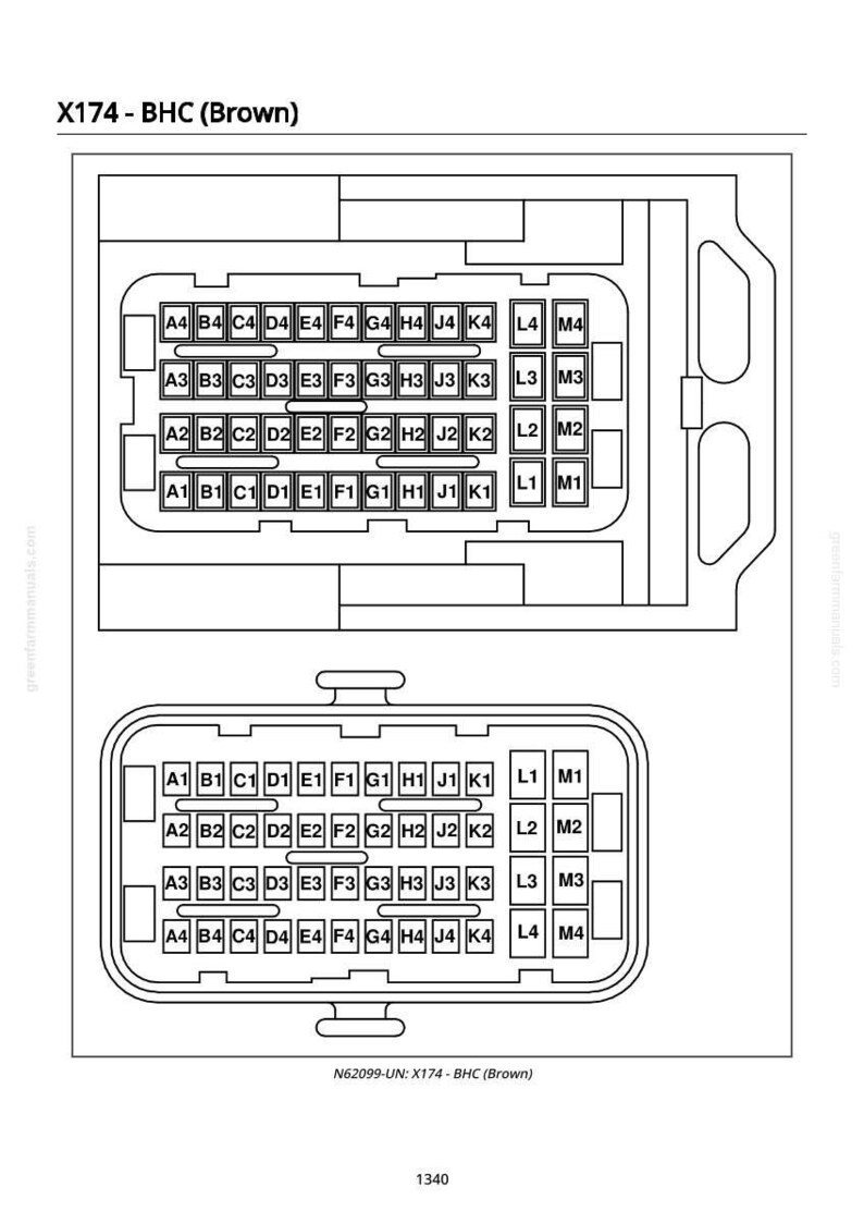 May include: Diagram of an electrical connector, labeled X174-BHC (Brown). The diagram shows two rectangular views of the connector with letter and number combinations, such as A1, B1, C1, and D1. The text "greenfarmmanuals.com" is visible.