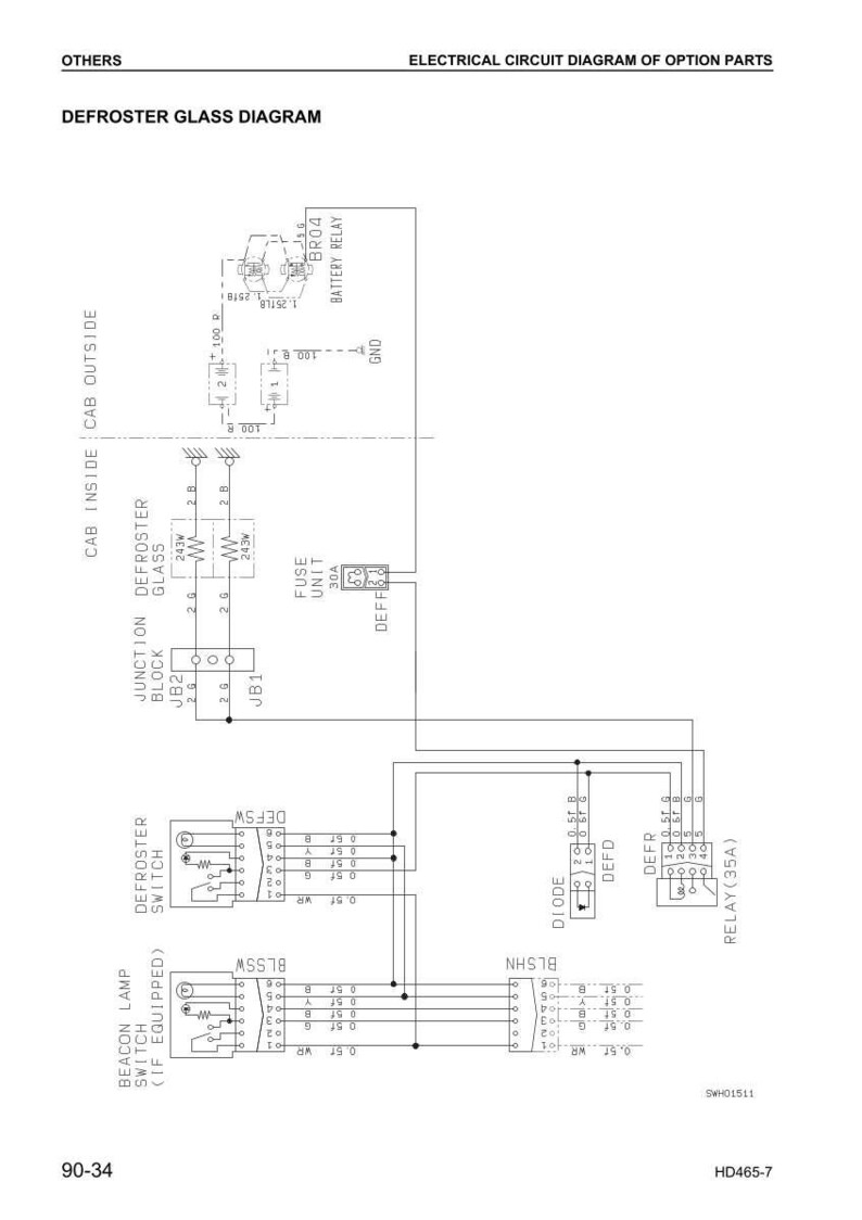 May include: Electrical circuit diagram of option parts, including a defroster glass diagram. The diagram shows various components like a fuse unit, relay, diode, and switches, with labels and connections. Text includes "Defroster Glass Diagram" and "Battery Relay".