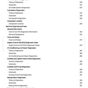 May include: A page from a manual with a table of contents. The text includes sections on diagnostics for air intake, fuel, and electrical systems, along with component locations and test procedures. Page number 7 is visible.