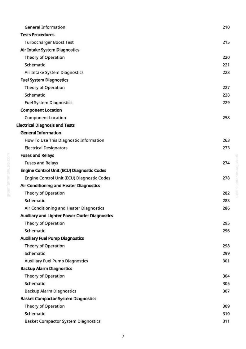 May include: A page from a manual with a table of contents. The text includes sections on diagnostics for air intake, fuel, and electrical systems, along with component locations and test procedures. Page number 7 is visible.