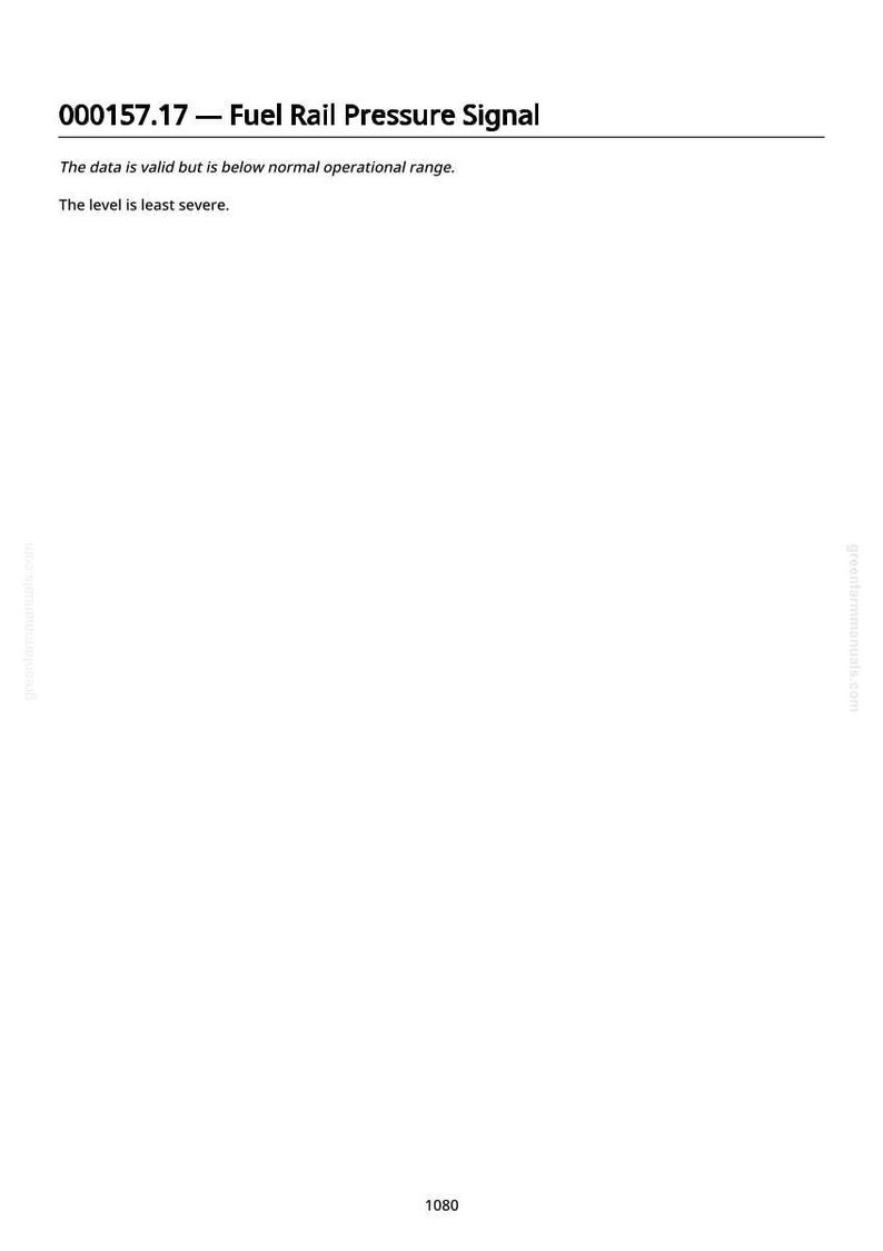 May include: A white page with the text "000157.17 - Fuel Rail Pressure Signal". The text below states the data is valid but below normal operational range, and the level is least severe. The website greentarmmanuals.com is also visible.