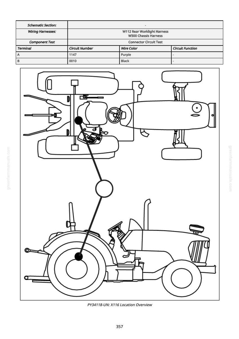 May include: Black and white schematic diagram of a tractor with wiring harness details. The diagram includes a tractor outline, circuit numbers, wire colors, and a location overview. Text includes "PY34118-UN: X116 Location Overview" and "357".