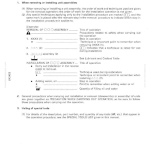 May include: A page from a manual titled "Method of Using Manual" with instructions for disassembly and assembly. The text includes numbered steps, examples, and diagrams for unit removal and installation, with safety precautions.