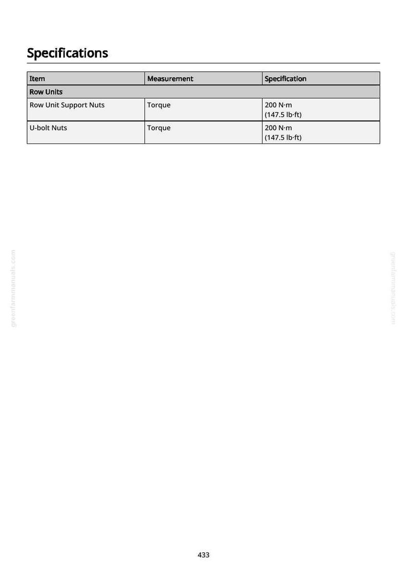 May include: A table titled "Specifications" lists torque measurements for Row Unit Support Nuts and U-bolt Nuts. The specifications are 200 N-m (147.5 lb-ft). The image is from greenfarmmanuals.com.