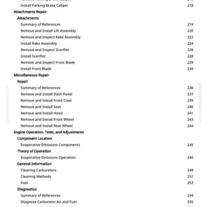 May include: A manual page featuring a table of contents. Sections cover brake repair, attachments, miscellaneous repair, engine operation, diagnostics, and tests. Page numbers are displayed on the right-hand side.
