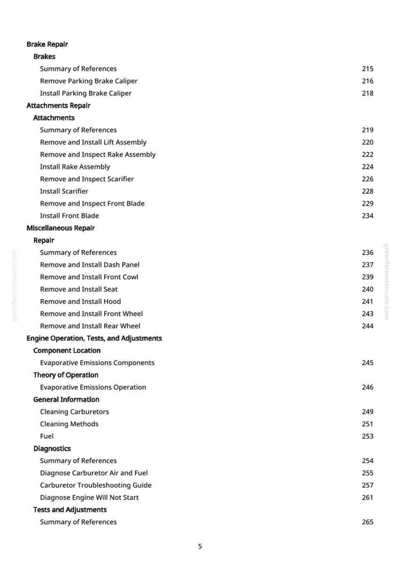 May include: A manual page featuring a table of contents. Sections cover brake repair, attachments, miscellaneous repair, engine operation, diagnostics, and tests. Page numbers are displayed on the right-hand side.