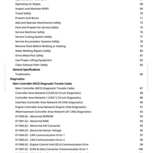 Pu&ograve; includere: Una pagina di manuale con un elenco di procedure di sicurezza e codici di errore diagnostici. Il testo include argomenti come "Usare particolare cura quando si sollevano oggetti" e "Codici di errore diagnostici del controller principale".