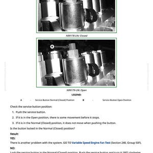 May include: Technical diagram with two grayscale images of mechanical components, labeled A and B, with text indicating "Closed" and "Open" positions. Includes instructions for checking service button position.