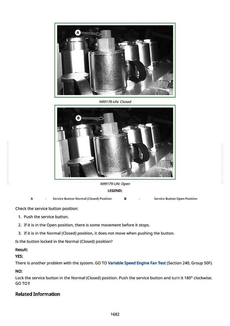 May include: Technical diagram with two grayscale images of mechanical components, labeled A and B, with text indicating "Closed" and "Open" positions. Includes instructions for checking service button position.