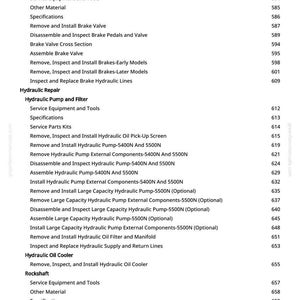 Puede incluir: Una p&aacute;gina de manual con una lista de procedimientos de reparaci&oacute;n de autom&oacute;viles, incluyendo reparaci&oacute;n de frenos, reparaci&oacute;n hidr&aacute;ulica y mantenimiento del eje basculante. El texto es negro sobre fondo blanco, con n&uacute;meros de p&aacute;gina a la derecha.