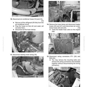 May include: A grayscale diagram from a manual detailing the disassembly and assembly of a machine. The image shows close-ups of various components with numbered labels and instructions for disconnecting cables, hoses, and wiring connectors.