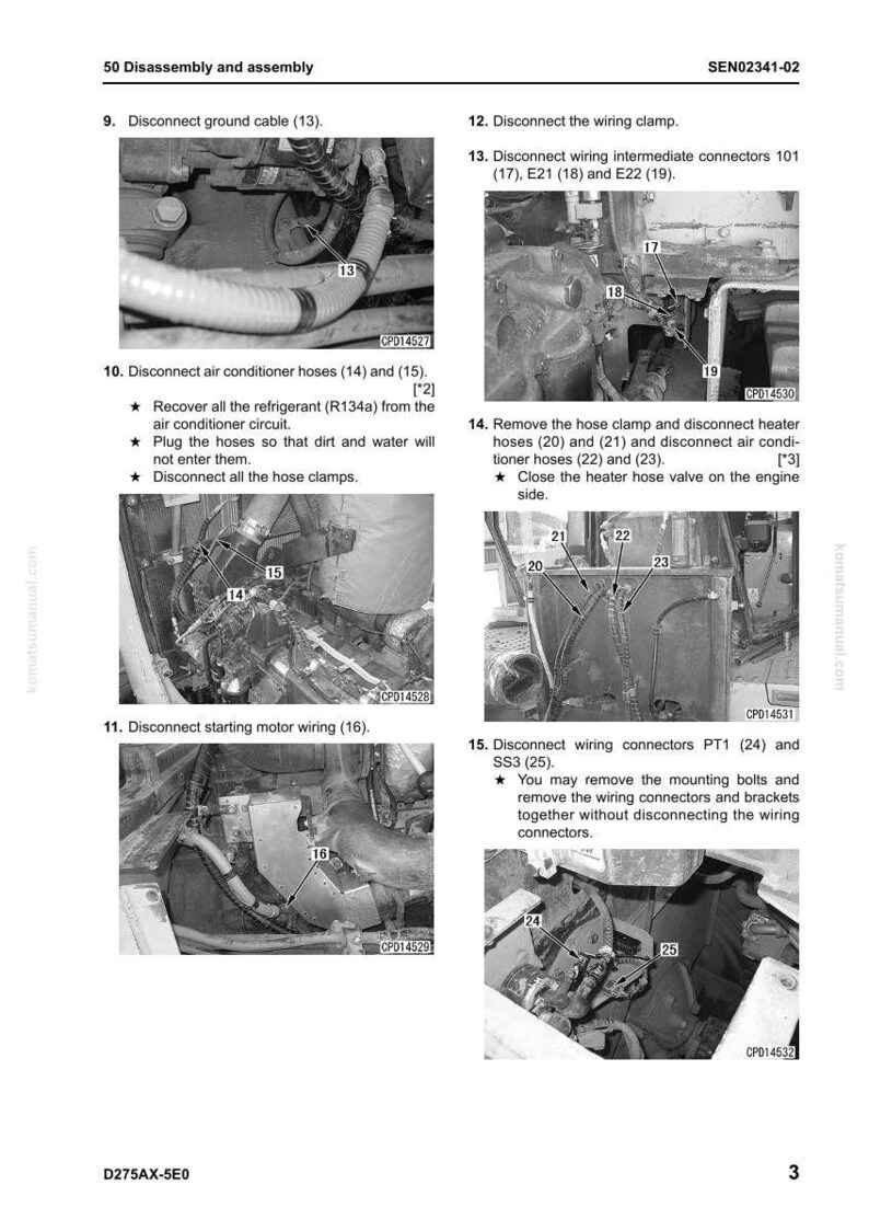 May include: A grayscale diagram from a manual detailing the disassembly and assembly of a machine. The image shows close-ups of various components with numbered labels and instructions for disconnecting cables, hoses, and wiring connectors.