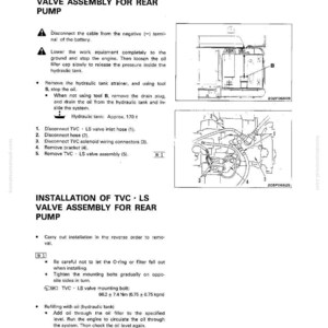 May include: A technical diagram from a manual detailing the removal and installation of a TVC-LS valve assembly for a rear pump. Includes diagrams, numbered steps, and torque specifications in Nm and kgm.