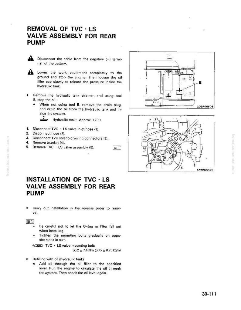 May include: A technical diagram from a manual detailing the removal and installation of a TVC-LS valve assembly for a rear pump. Includes diagrams, numbered steps, and torque specifications in Nm and kgm.