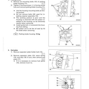 Puede incluir: Diagrama de montaje y desmontaje del freno de estacionamiento. La imagen incluye ilustraciones detalladas de componentes como pernos, tornillos y placas, con etiquetas y referencias numeradas. La carcasa del freno de estacionamiento pesa 15 kg.