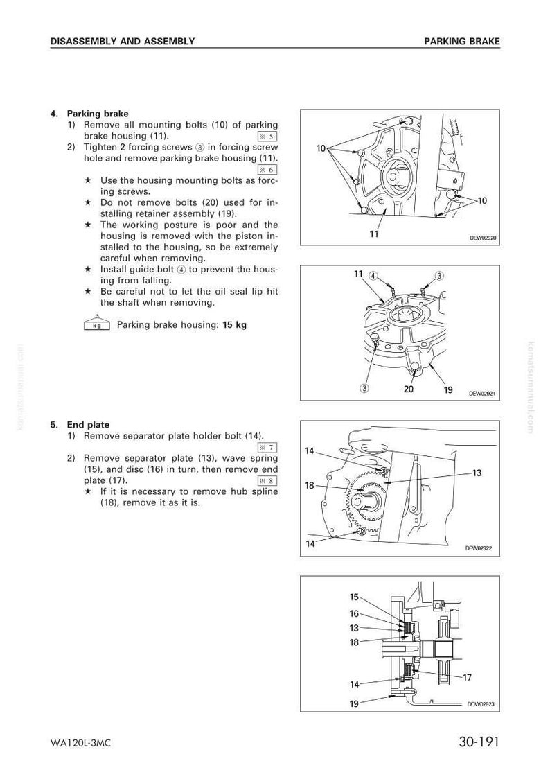 Puede incluir: Diagrama de montaje y desmontaje del freno de estacionamiento. La imagen incluye ilustraciones detalladas de componentes como pernos, tornillos y placas, con etiquetas y referencias numeradas. La carcasa del freno de estacionamiento pesa 15 kg.
