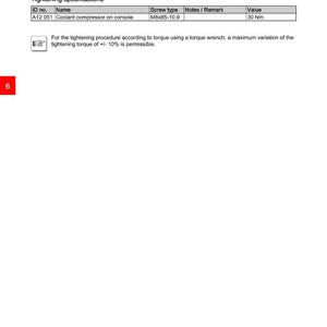 May include: Technical data sheet for a coolant compressor, with the text "Coolant compressor W 82-01-01". The sheet includes tightening specifications, screw type, and value of 30 Nm. The DEUTZ logo is visible.