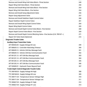 May include: A page from a manual with a list of diagnostic trouble codes and system messages. The text includes codes for voltage, communication faults, and sensor issues, along with page numbers.