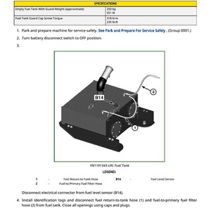 Puede incluir: Diagrama del procedimiento de extracci&oacute;n e instalaci&oacute;n del dep&oacute;sito de combustible. La imagen incluye un diagrama del dep&oacute;sito de combustible, especificaciones e instrucciones. El dep&oacute;sito de combustible vac&iacute;o pesa aproximadamente 250 kg. Tambi&eacute;n incluye una leyenda.