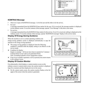 May include: A page from a machine monitor manual, detailing testing, adjusting, and special functions. The text explains KOMTRAX messages, energy-saving guidance, and the caution monitor, with accompanying diagrams.