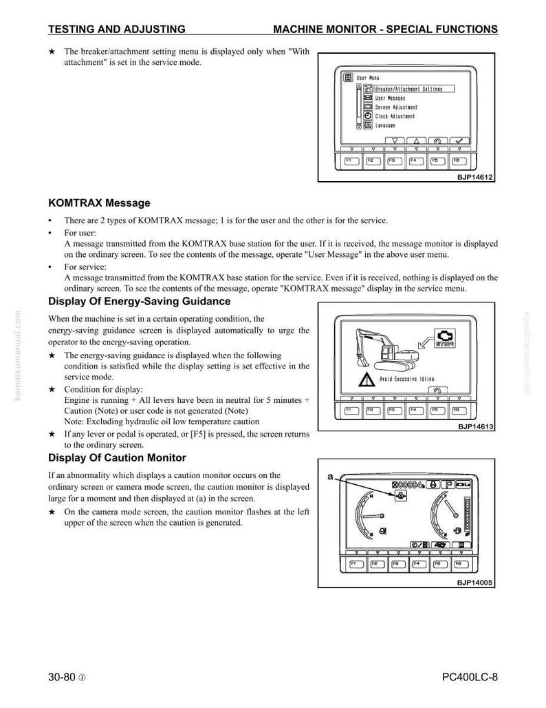 May include: A page from a machine monitor manual, detailing testing, adjusting, and special functions. The text explains KOMTRAX messages, energy-saving guidance, and the caution monitor, with accompanying diagrams.