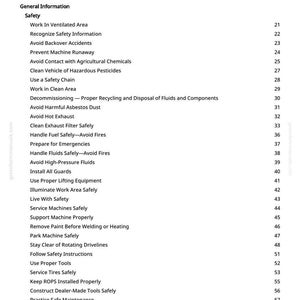 May include: A white page titled "Table of Contents" with a list of safety topics. The list includes topics such as "Work in Ventilated Area", "Avoid Backover Accidents", and "Handle Fuel Safely-Avoid Fires".