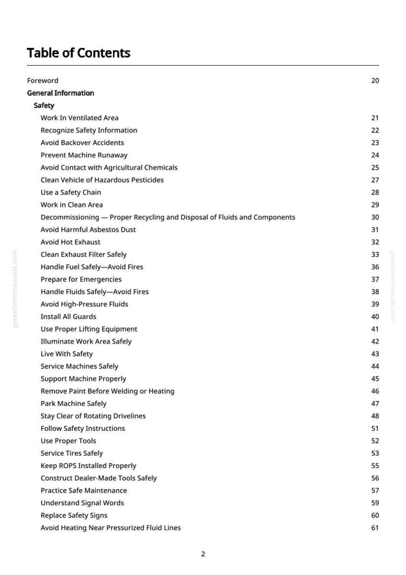 May include: A white page titled "Table of Contents" with a list of safety topics. The list includes topics such as "Work in Ventilated Area", "Avoid Backover Accidents", and "Handle Fuel Safely-Avoid Fires".