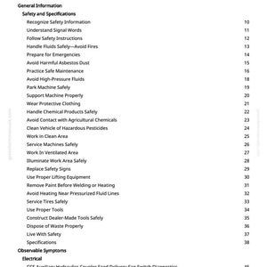 K&ouml;nnte beinhalten: Eine wei&szlig;e Seite aus einem Handbuch mit dem Titel "Inhaltsverzeichnis". Es listet Sicherheits- und Spezifikationsthemen auf, wie z. B. den Umgang mit Fl&uuml;ssigkeiten, das Vermeiden von Asbest und die Verwendung geeigneter Werkzeuge. Seitenzahlen sind angegeben.