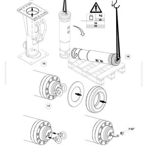 May include: An exploded diagram of Komatsu machinery parts, featuring a cylindrical component weighing 39 kg, a square base, and various circular components. The diagram includes the text "KOMATSU 2022 - rev 01" and "JMHB15H BM101105506".