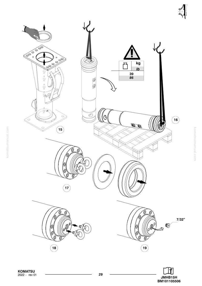 May include: An exploded diagram of Komatsu machinery parts, featuring a cylindrical component weighing 39 kg, a square base, and various circular components. The diagram includes the text "KOMATSU 2022 - rev 01" and "JMHB15H BM101105506".