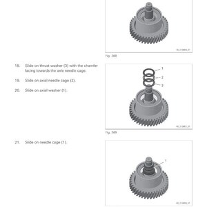May include: Technical diagram showing the assembly of mechanical components. The images display various stages of assembly, including gears, washers, and needle cages. Text instructions accompany each step, detailing the process.