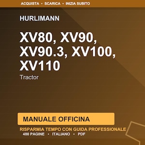 Pode incluir: Gráfico castanho e amarelo com o texto "HURLIMANN" e os números dos modelos de trator XV80, XV90, XV90.3, XV100 e XV110. Abaixo, um retângulo amarelo com o texto "MANUALE OFFICINA".